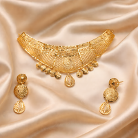 Classic Filigree 24K Gold Plated Traditional Choker Necklace Set with Earrings