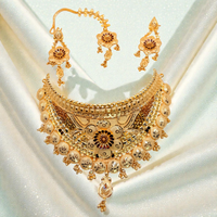 Royal Antique 24K Gold Plated Bridal Choker Necklace Set with Earrings & Maang Tika