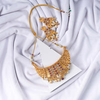 24K Gold Plated Traditional Stone Studded Choker Set with Earrings